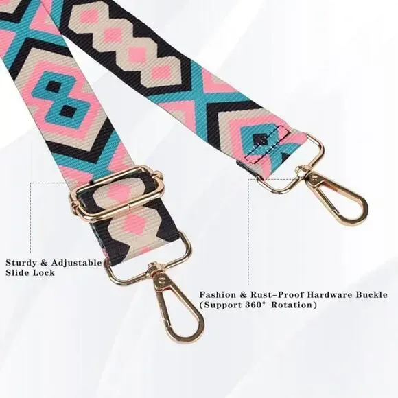 Geometric Pattern Adjustable Purse Strap In Pink, Black and Blue - Picture 6 of 9